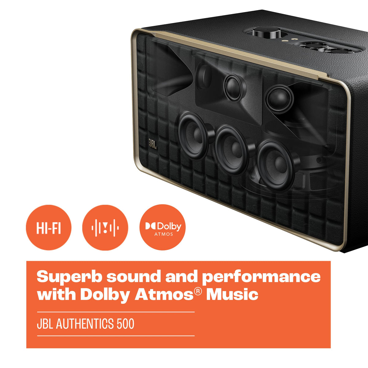 Iconic Quadrex grille on JBL Authentics 500 adds vintage flair and premium look.