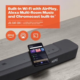 JBL Bar 300 built-in Wi-Fi with AirPlay and Chromecast for easy streaming.