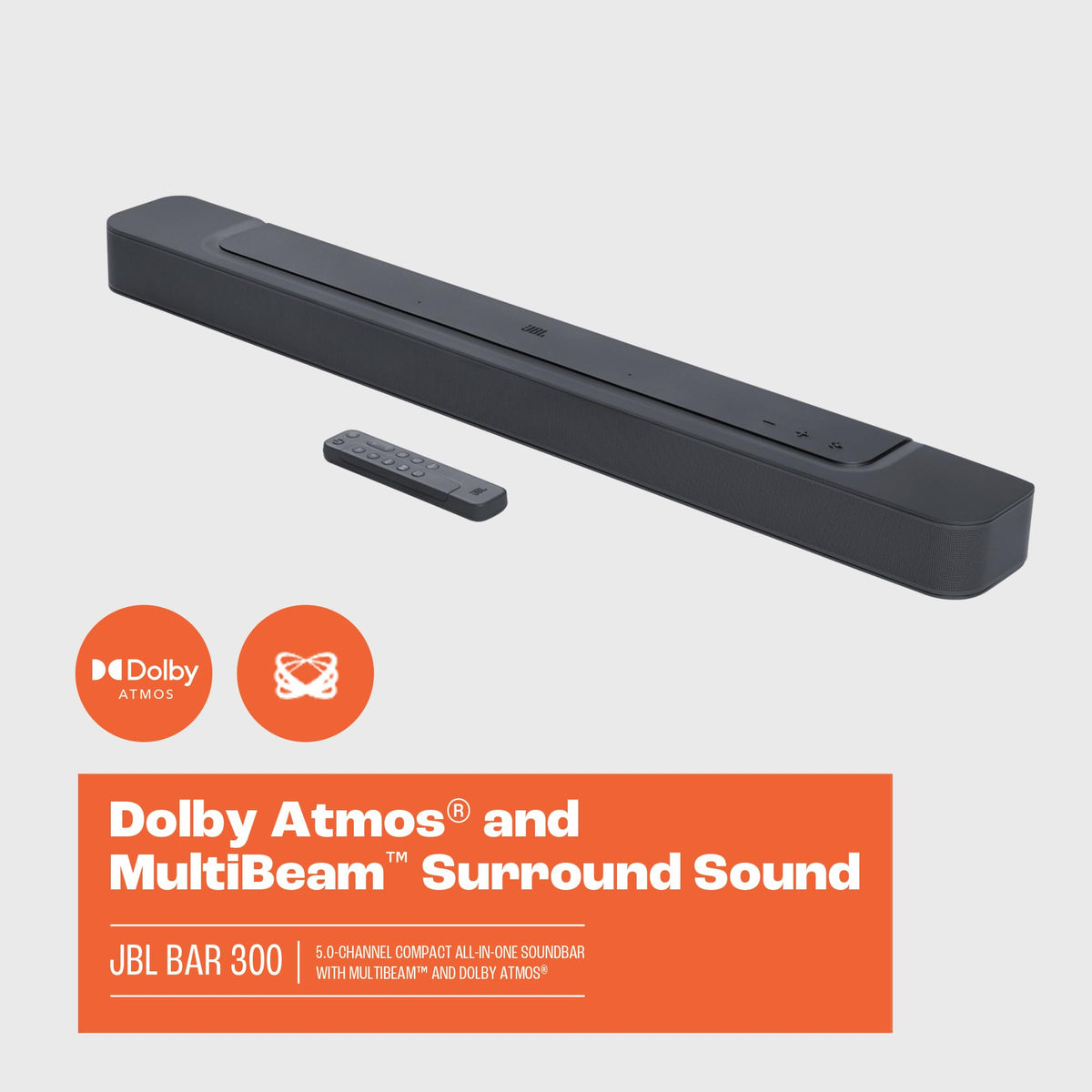 JBL Bar 300 TV setup with wall-mount look for space-saving elegance.