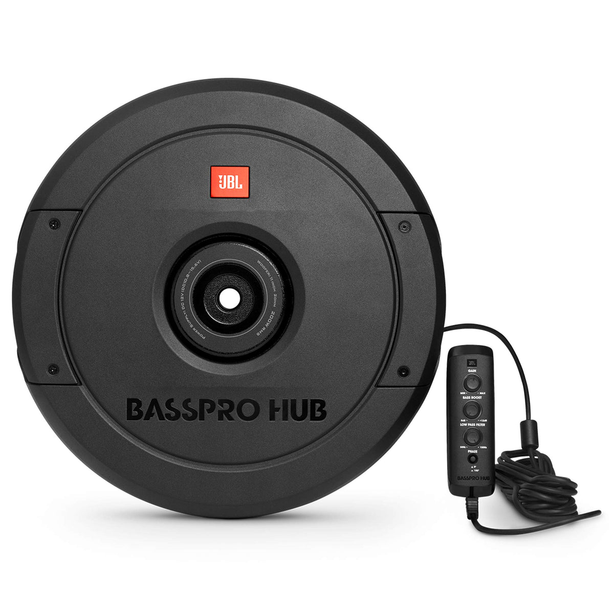 JBL BassPro Hub 11-inch woofer cone delivers deep, punchy car bass.