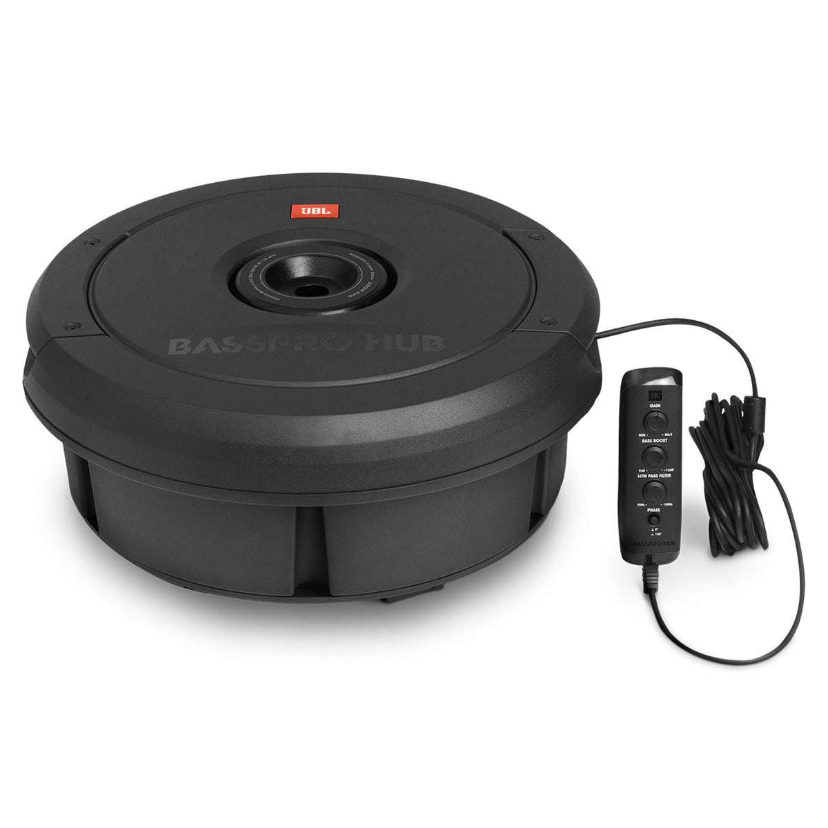 JBL BassPro Hub remote control for on-the-go crossover, gain, and phase tuning.
