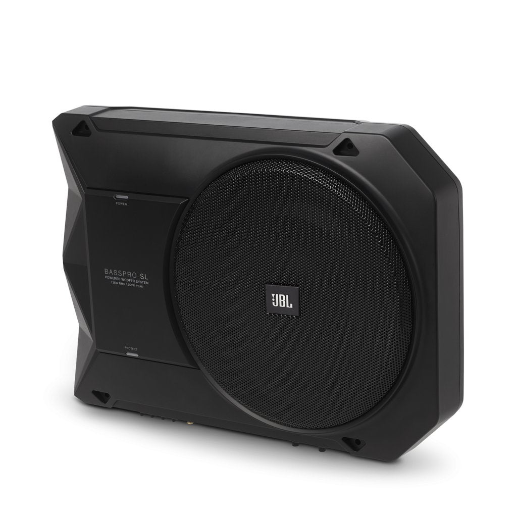JBL BassPro SL under-seat subwoofer back panel highlights easy inputs for integration