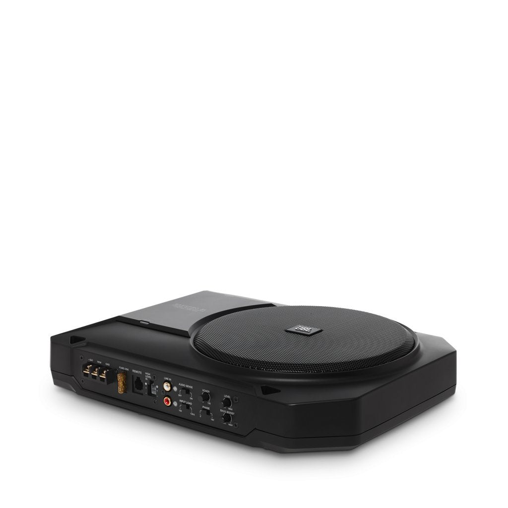 JBL BassPro SL under-seat subwoofer side profile shows compact footprint for installations