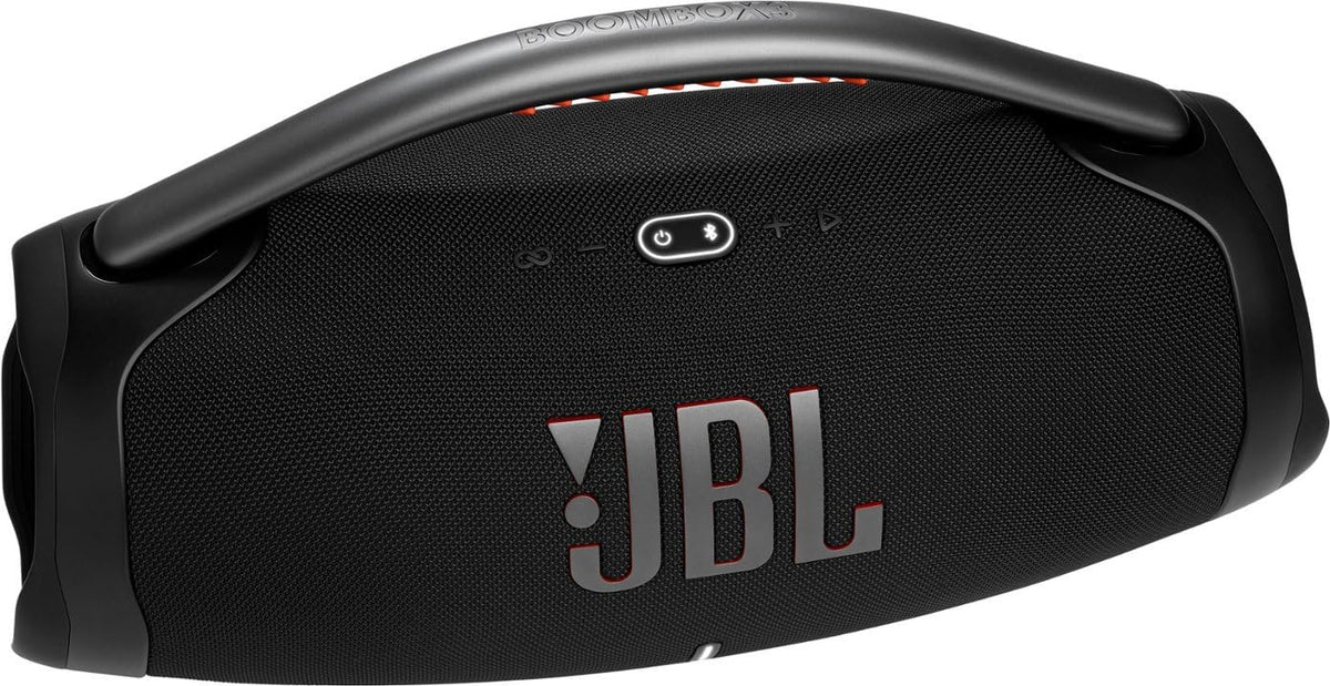 JBL Boombox 3 bold silhouette with orange grip for stylish travel.