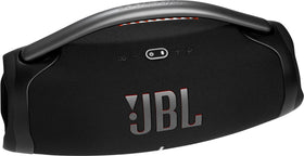 JBL Boombox 3 bold silhouette with orange grip for stylish travel.