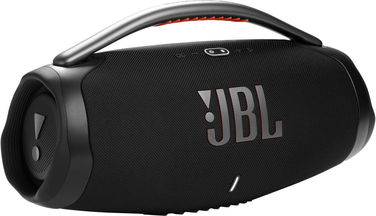 JBL Boombox 3 front view shows bold design and powerful sound for outdoor listening.