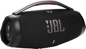 JBL Boombox 3 front view shows bold design and powerful sound for outdoor listening.