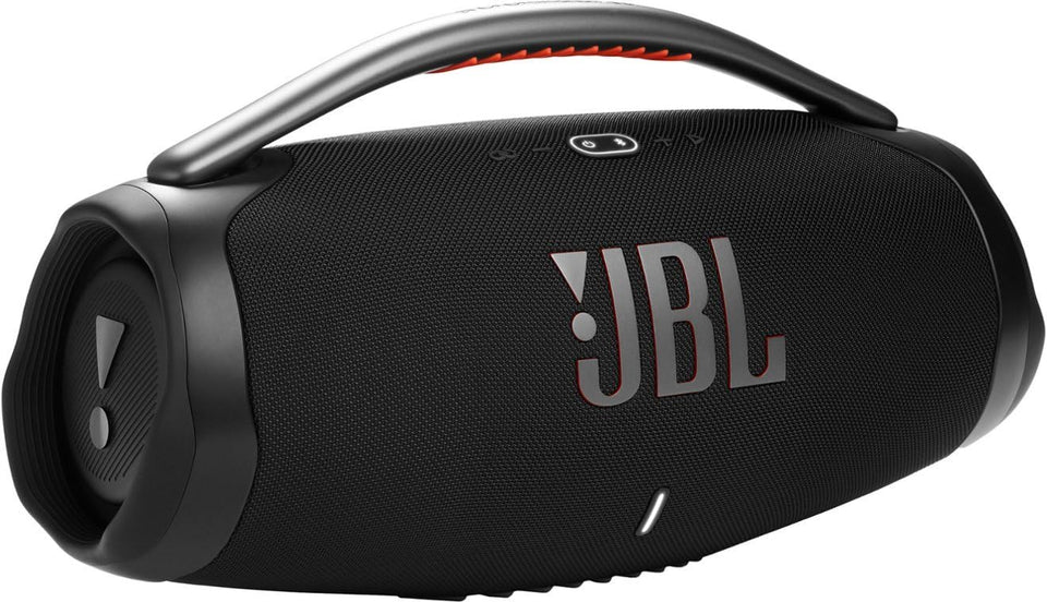 JBL Boombox 3 front view shows bold design and powerful sound for outdoor listening.