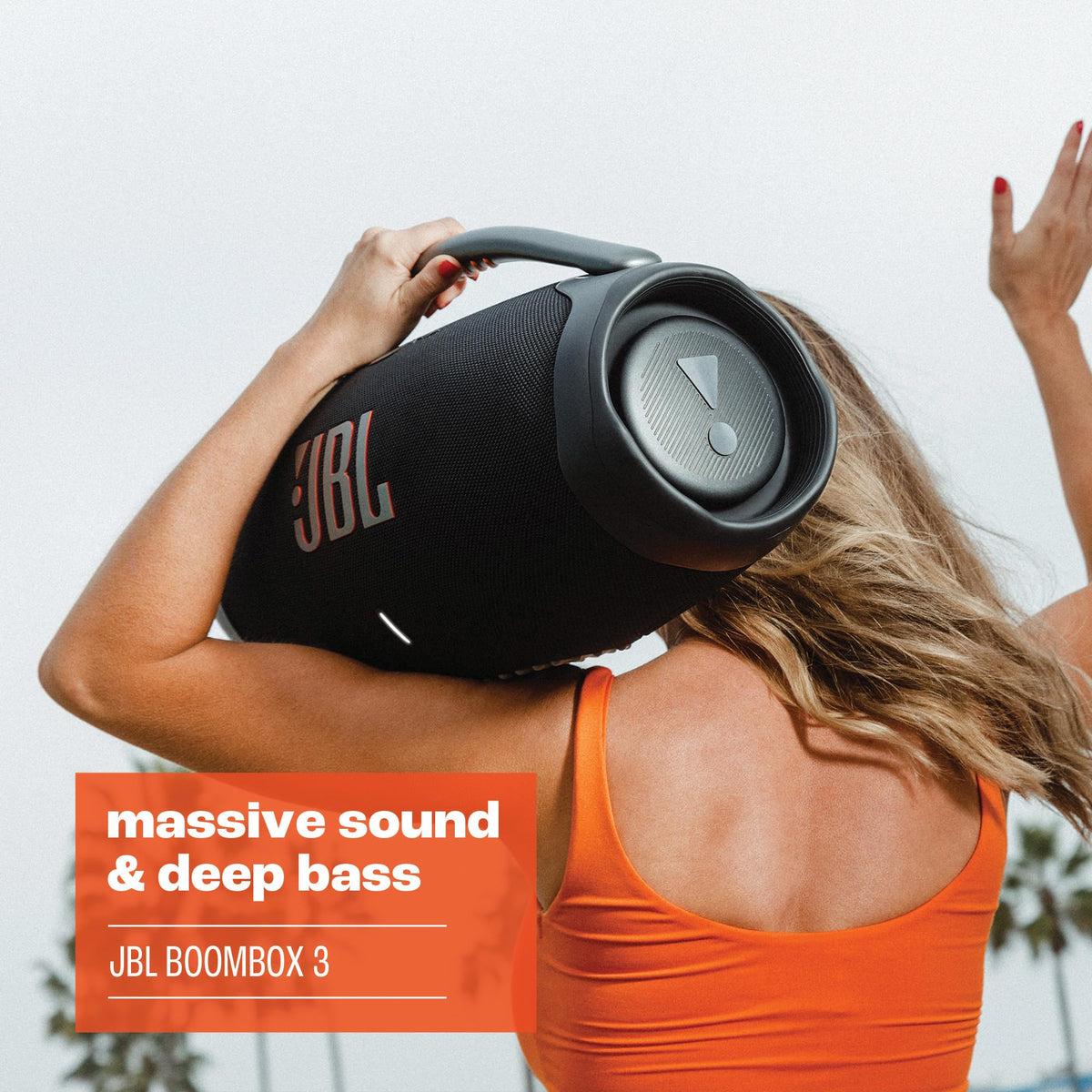 JBL Boombox 3 handle grip close-up emphasizes sturdy grip for all-day portability.