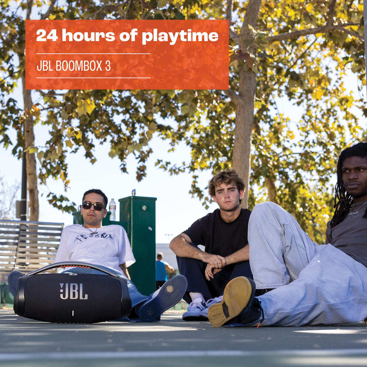 JBL Boombox 3 side caps showcase rugged build for adventures and splash-friendly use.