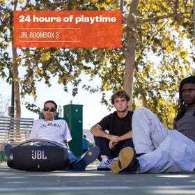 JBL Boombox 3 side caps showcase rugged build for adventures and splash-friendly use.