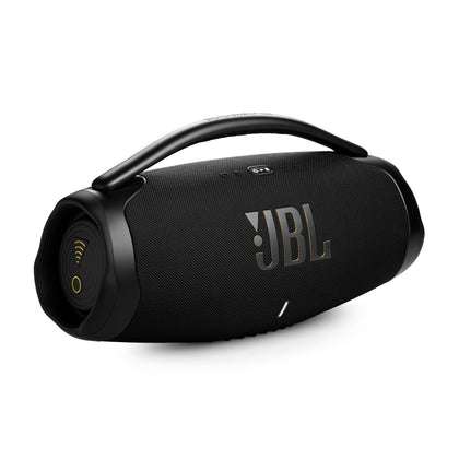 JBL Boombox 3 Wi-Fi front view showcasing bold bass and wide presence.