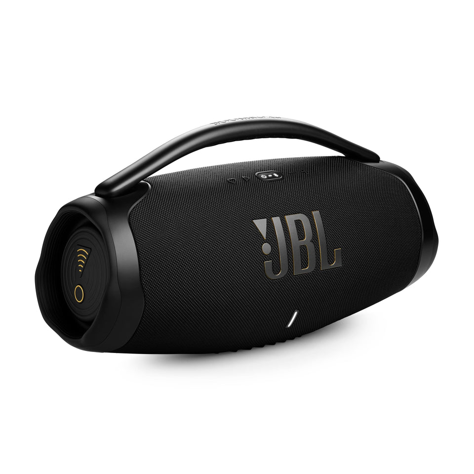 JBL Boombox 3 Wi-Fi front view showcasing bold bass and wide presence.