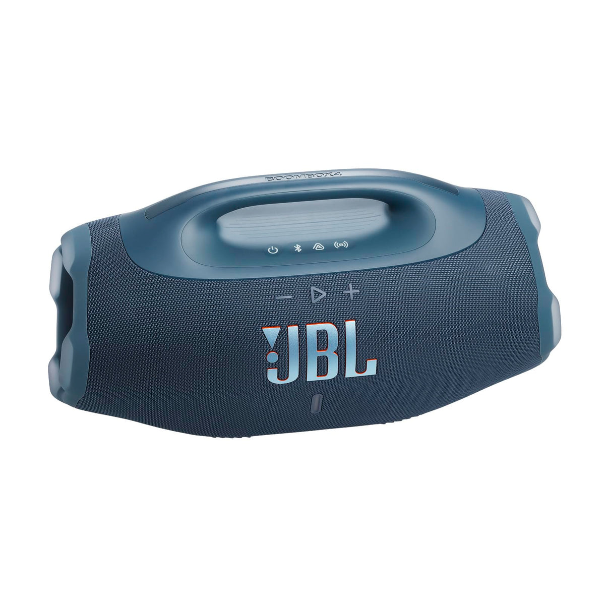 JBL Boombox 4 blue carry handle shot emphasizes easy portability.