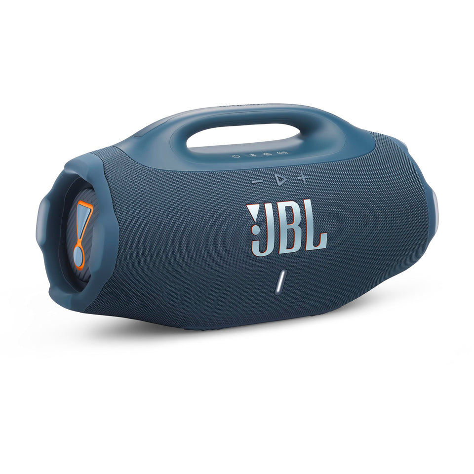 JBL Boombox 4 blue front view emphasizes rugged outdoor-ready design for events.