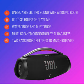 JBL Boombox 4 blue multi-speaker setup image suggests synchronized Auracast listening.