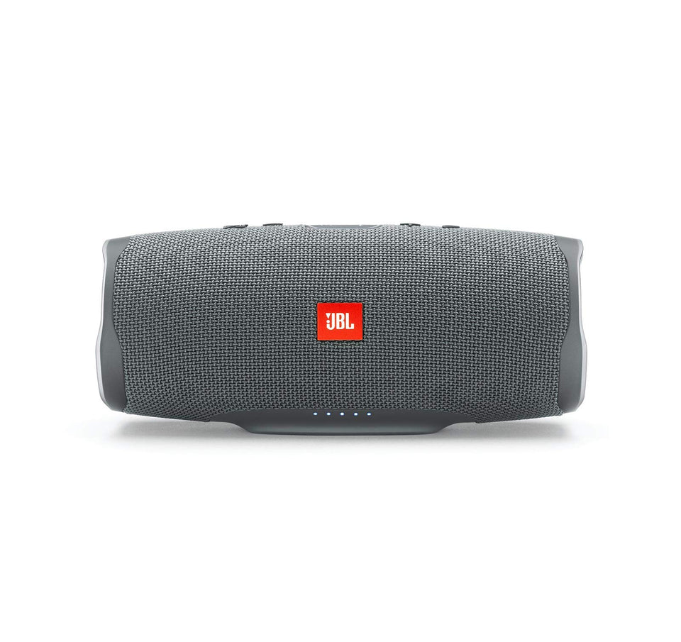 JBL Charge 4 front view showing rugged exterior and deep bass capability.