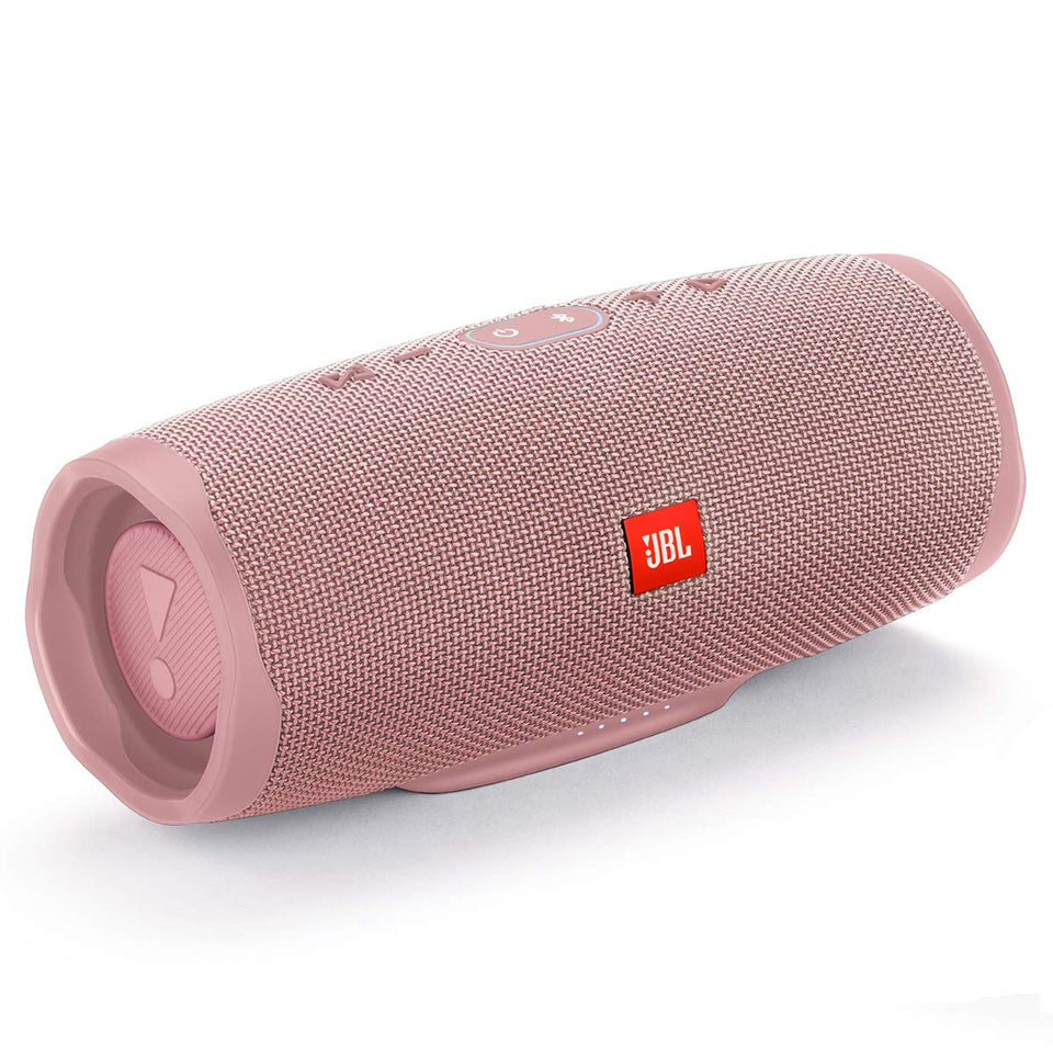 JBL Charge 4 pink front view shows portable waterproof design for outdoor listening