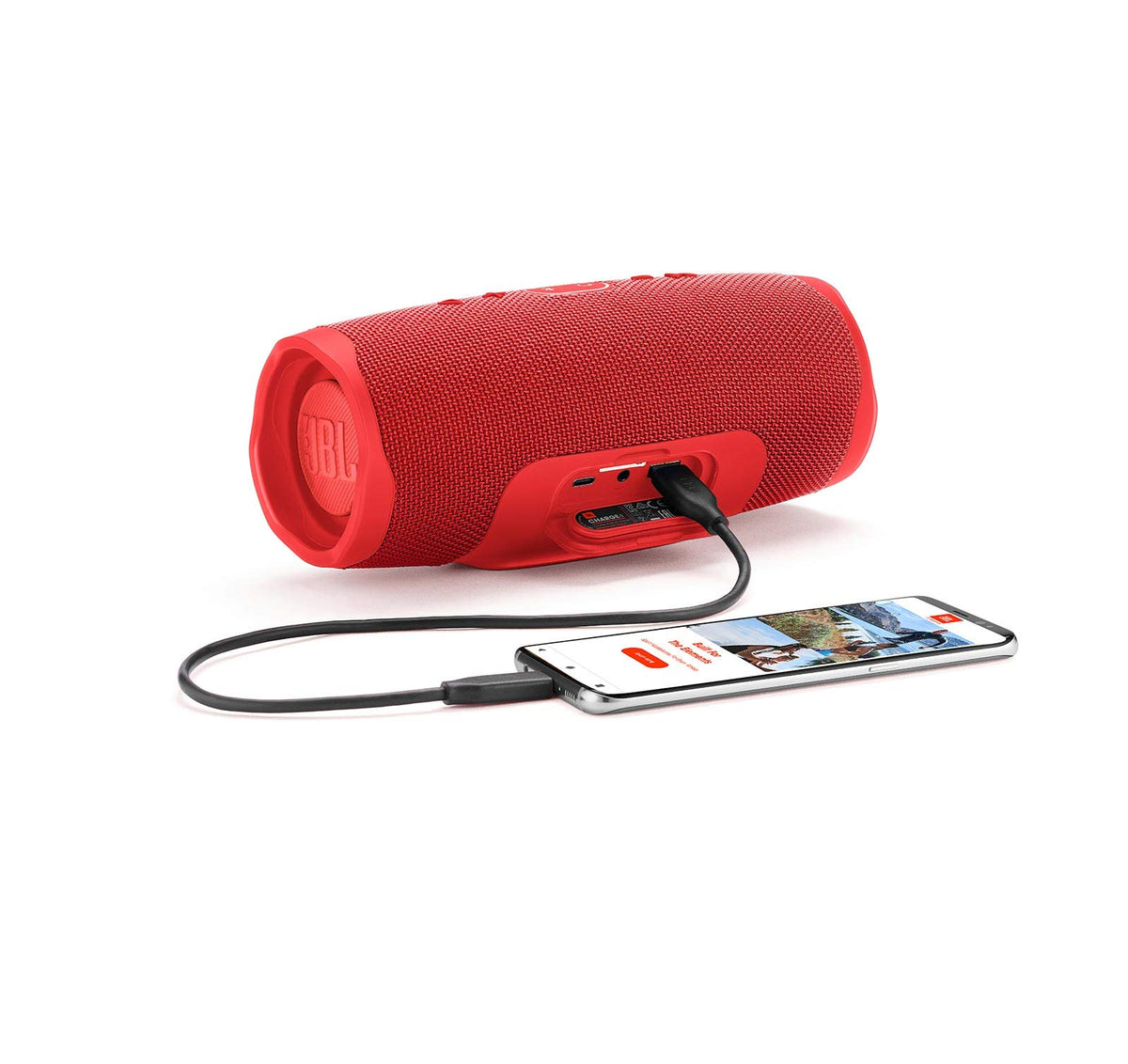 Dual bass radiators of the red Charge 4 deliver punchy, immersive sound at a party