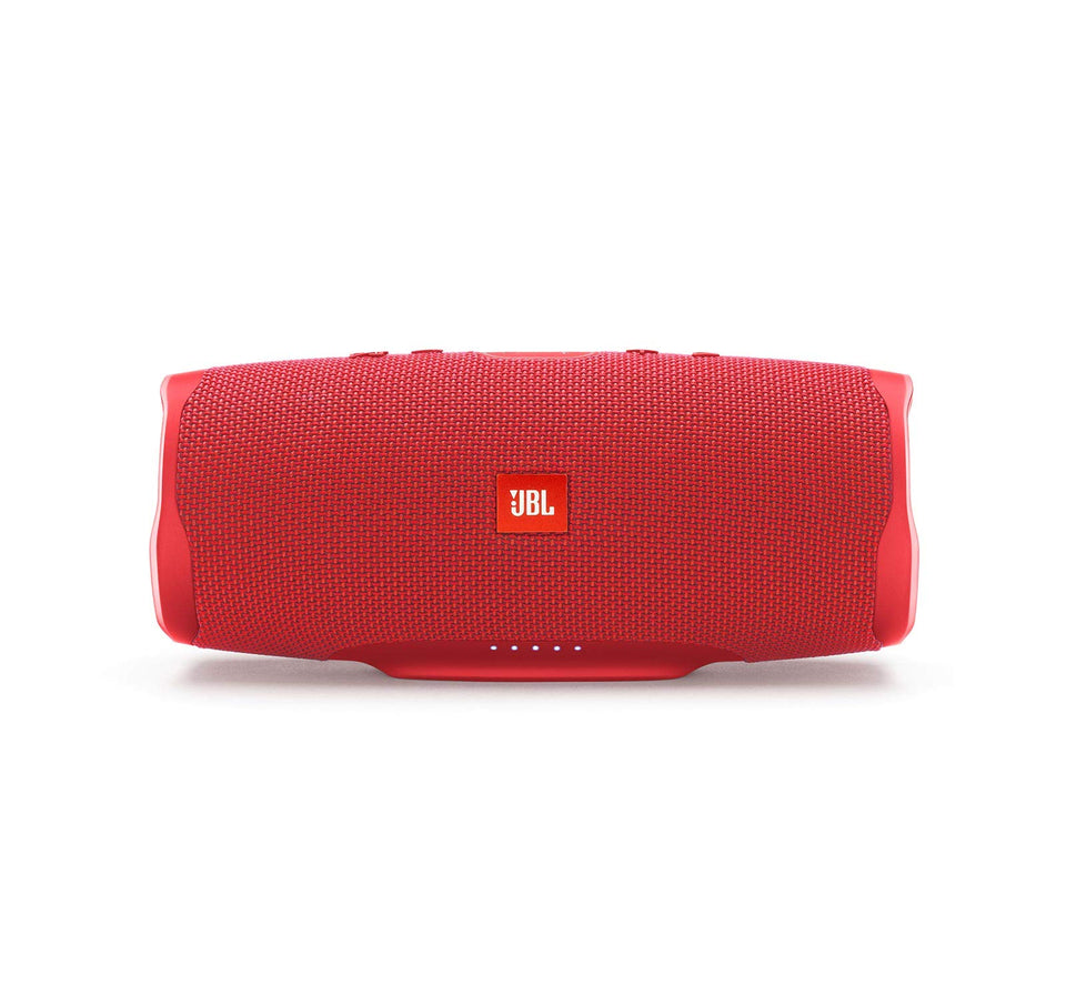 JBL Charge 4 red front view showing rugged design and control buttons for outdoor use