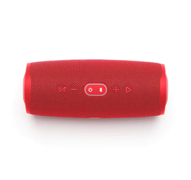 Red rugged housing of the JBL Charge 4 ready for outdoor adventures and splash resistance