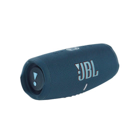 JBL Charge 5 blue front view showing bold sound and rugged design for outdoor listening.