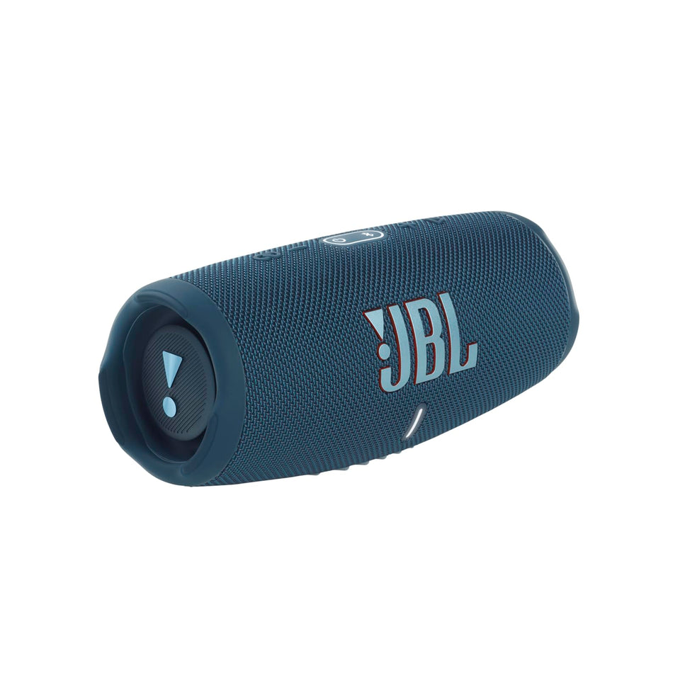 JBL Charge 5 blue front view showing bold sound and rugged design for outdoor listening.