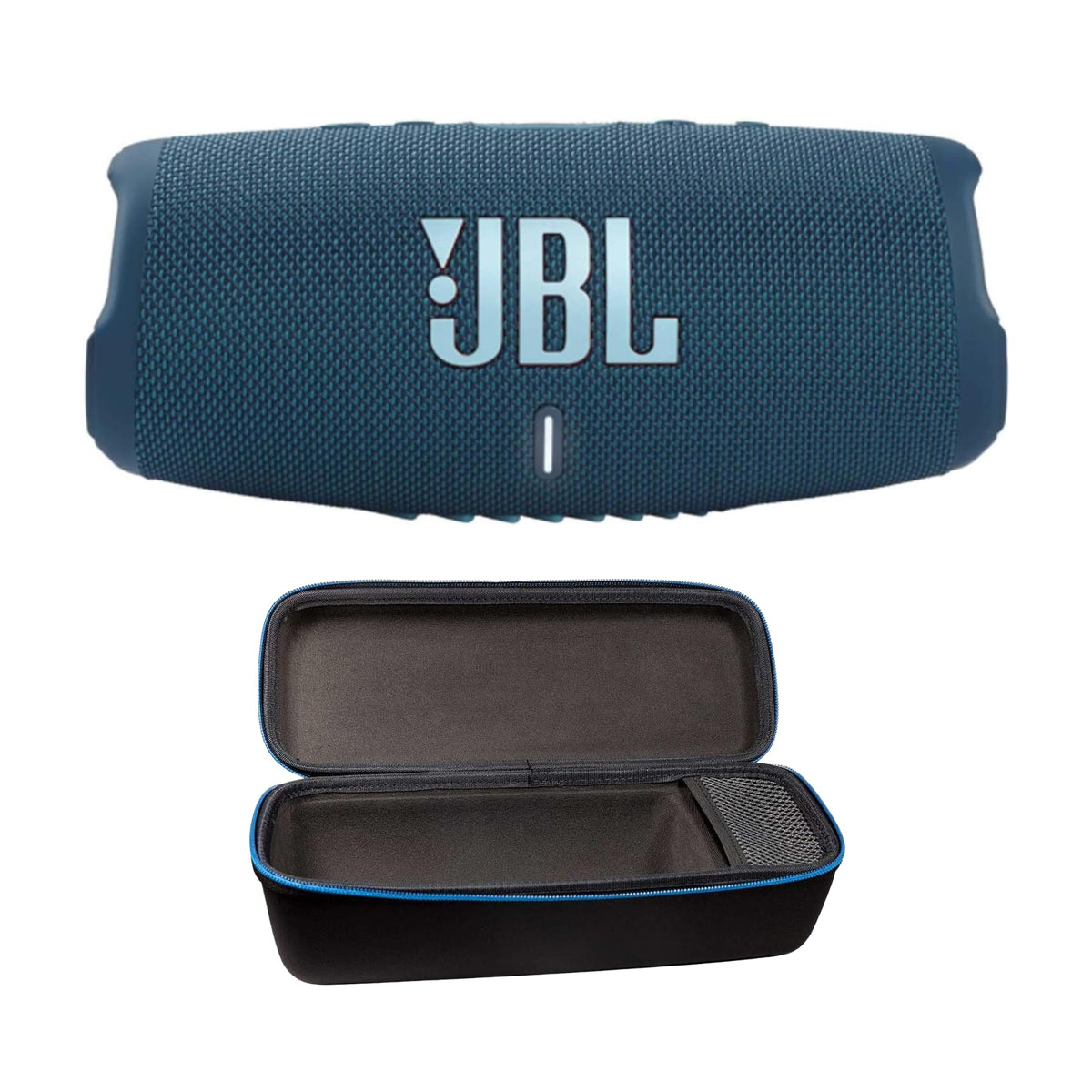 JBL Charge 5 blue front view highlighting bold sound for outdoor use.