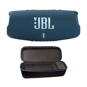 JBL Charge 5 blue front view highlighting bold sound for outdoor use.