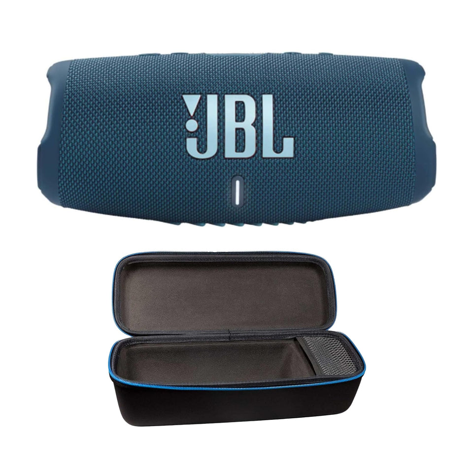 JBL Charge 5 blue front view highlighting bold sound for outdoor use.