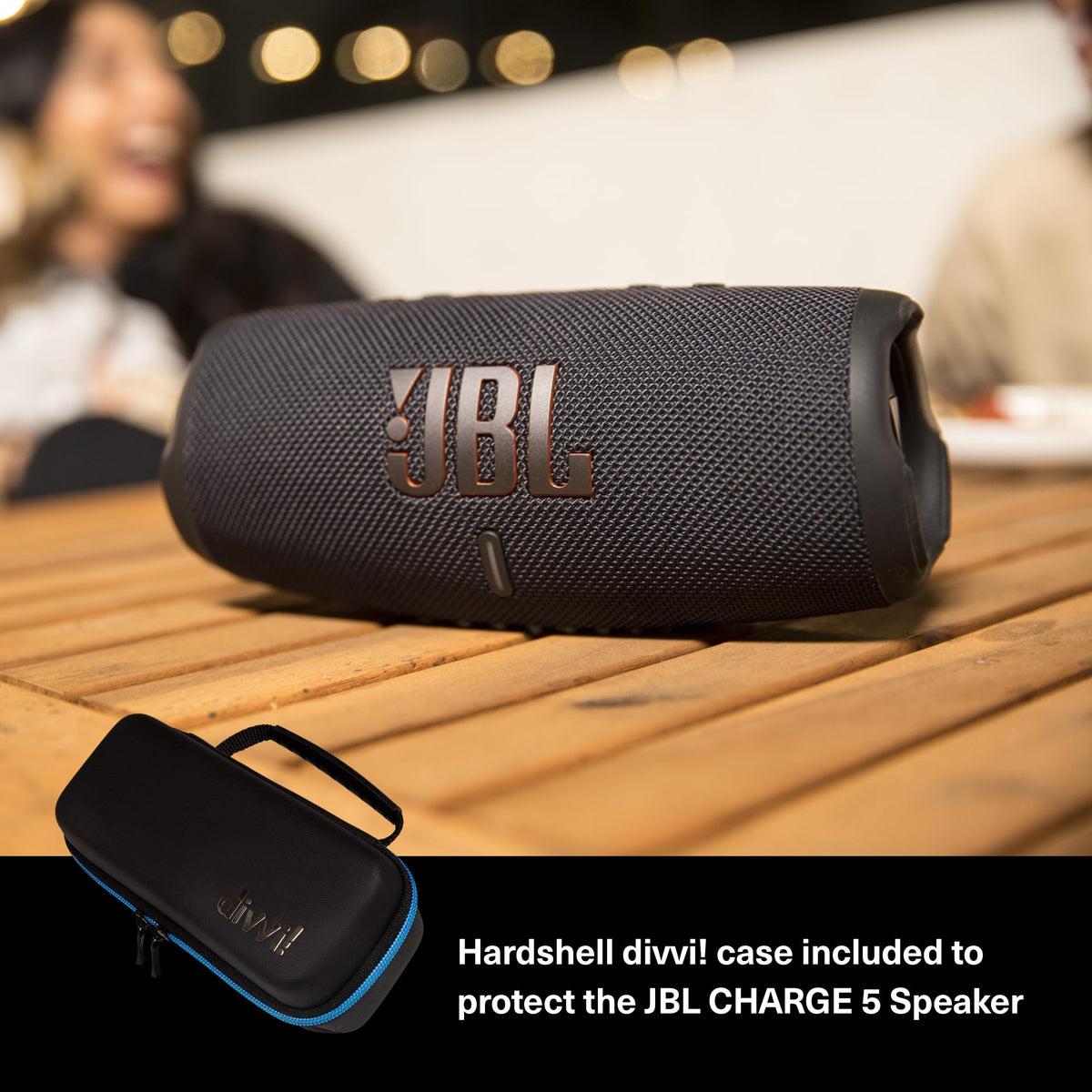 JBL Charge 5 blue side view showing compact portable design for travel.