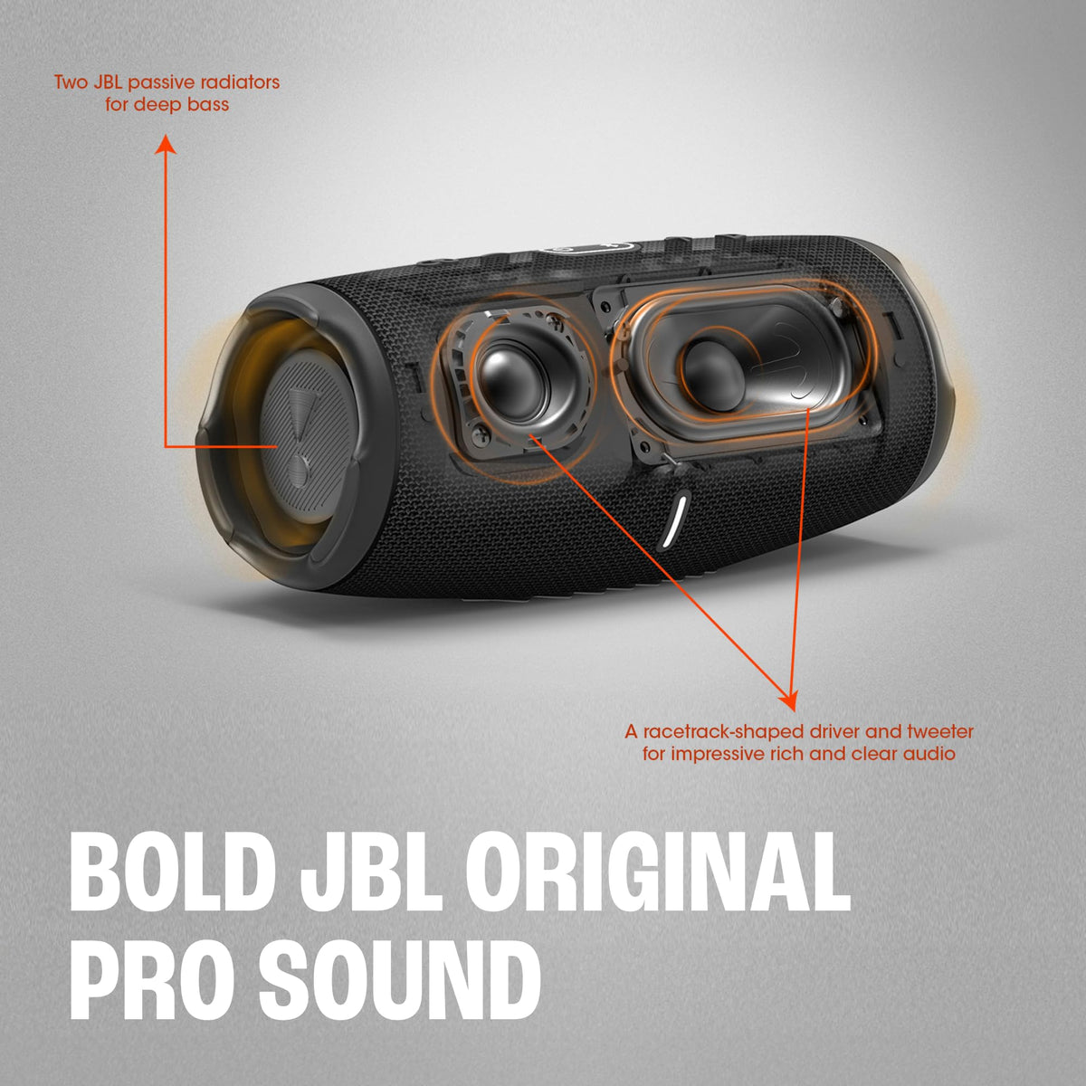 JBL Charge 5 blue top view with controls and portability emphasis.