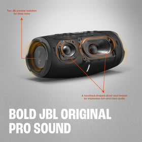 JBL Charge 5 blue top view with controls and portability emphasis.