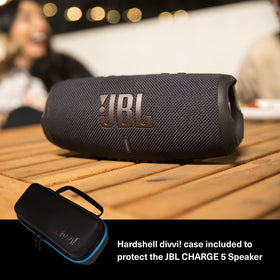 JBL Charge 5 camouflage side view highlighting portable rugged design.