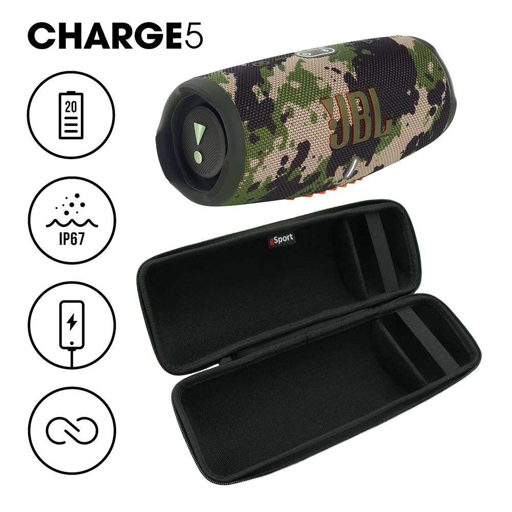 JBL Charge 5 with gSport case close-up showing soft velvet interior.