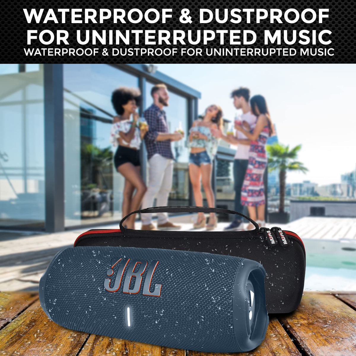 JBL Charge 5 IP67 waterproof design withstands rain and splashes