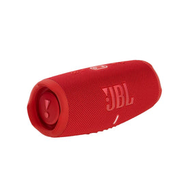 JBL Charge 5 red front view, rugged waterproof design for outdoor use.