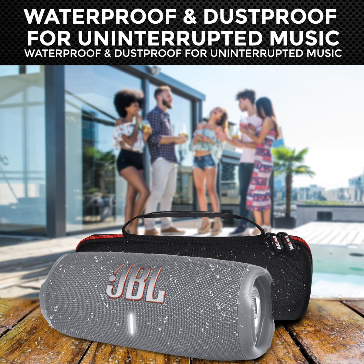 JBL Charge 5 speaker side view, compact and portable for on-the-go listening.