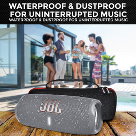 JBL Charge 5 speaker side view, compact and portable for on-the-go listening.