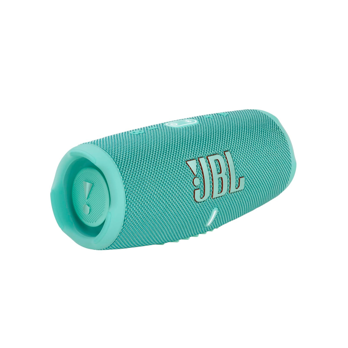 JBL Charge 5 Teal front view showing compact portable design for outdoor use.