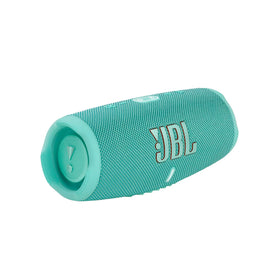 JBL Charge 5 Teal front view showing compact portable design for outdoor use.