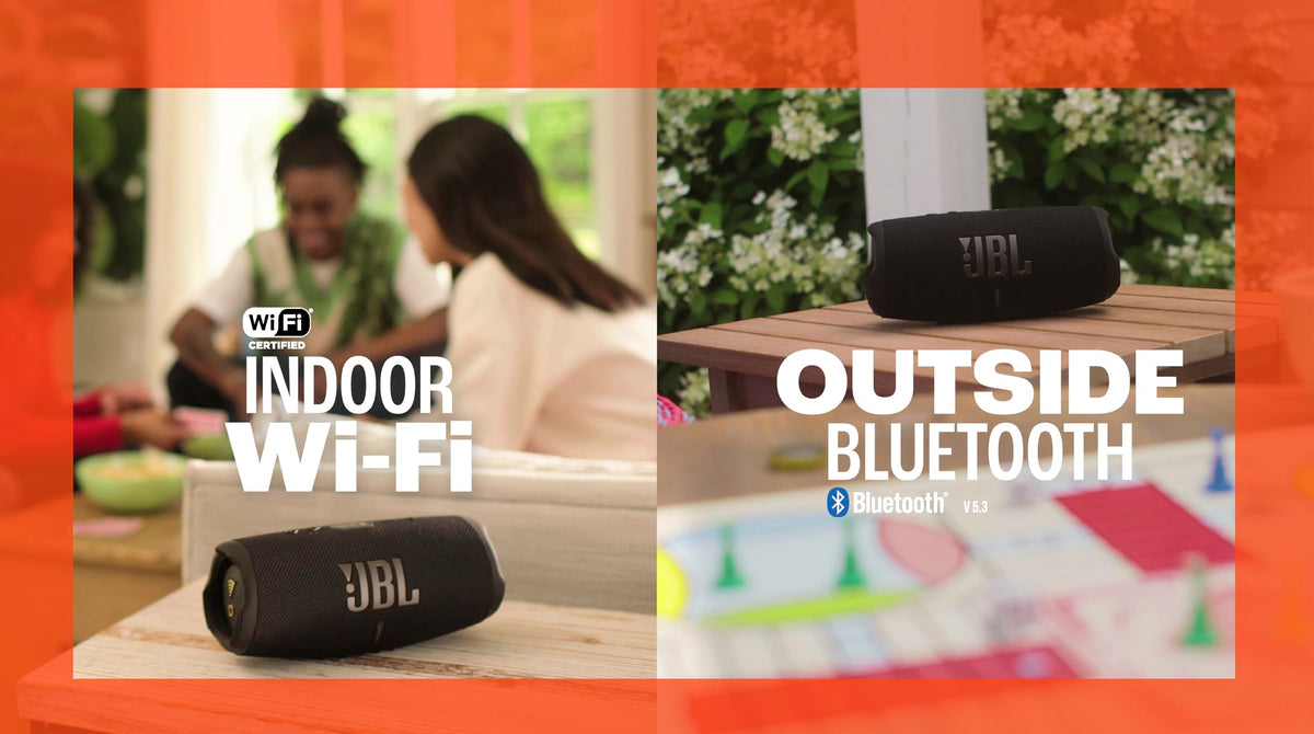 JBL Charge 5 Wi‑Fi built-in powerbank keeps devices charged.
