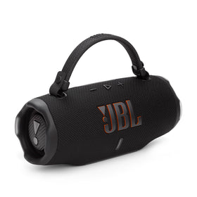 Two JBL Charge 6 speakers connected via Auracast for wider sound.