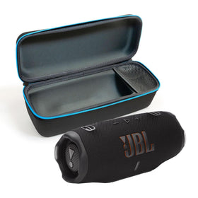 JBL Charge 6 Black front view shows a compact rugged speaker for outdoor listening.