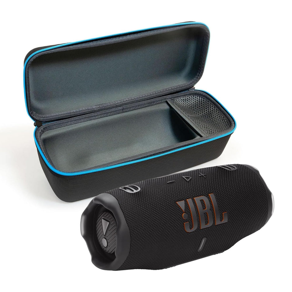 JBL Charge 6 Black front view shows a compact rugged speaker for outdoor listening.