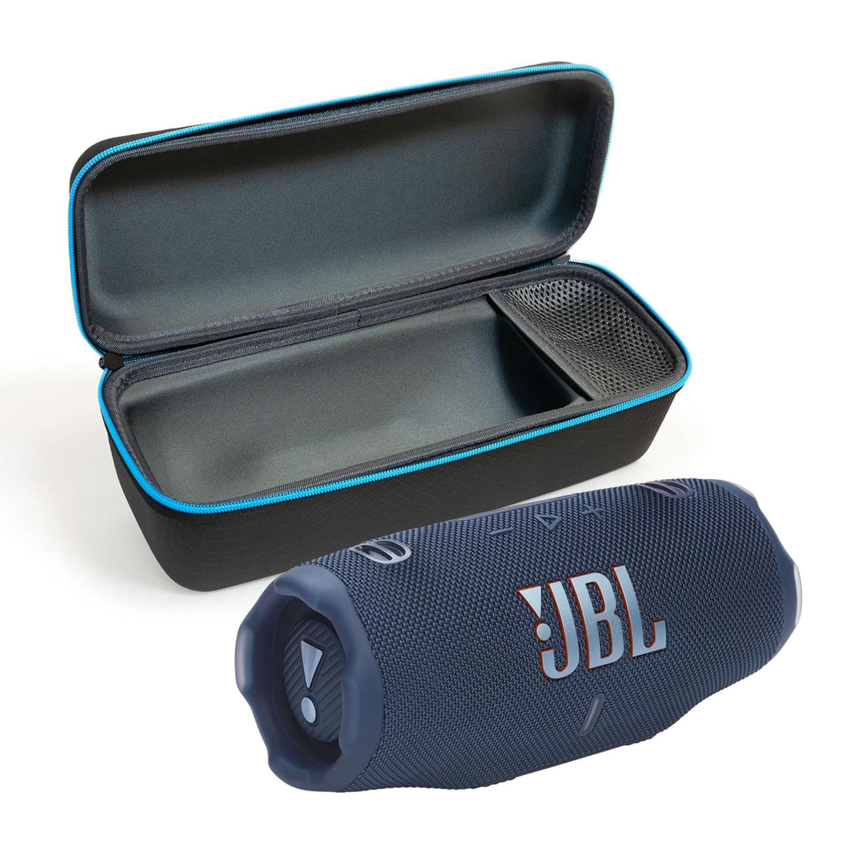 JBL Charge 6 blue speaker front view showing bold bass-ready design for outdoors