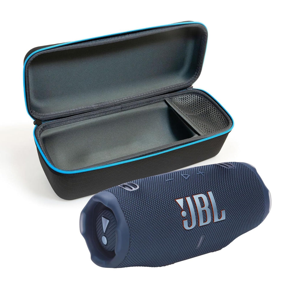 JBL Charge 6 blue speaker front view showing bold bass-ready design for outdoors