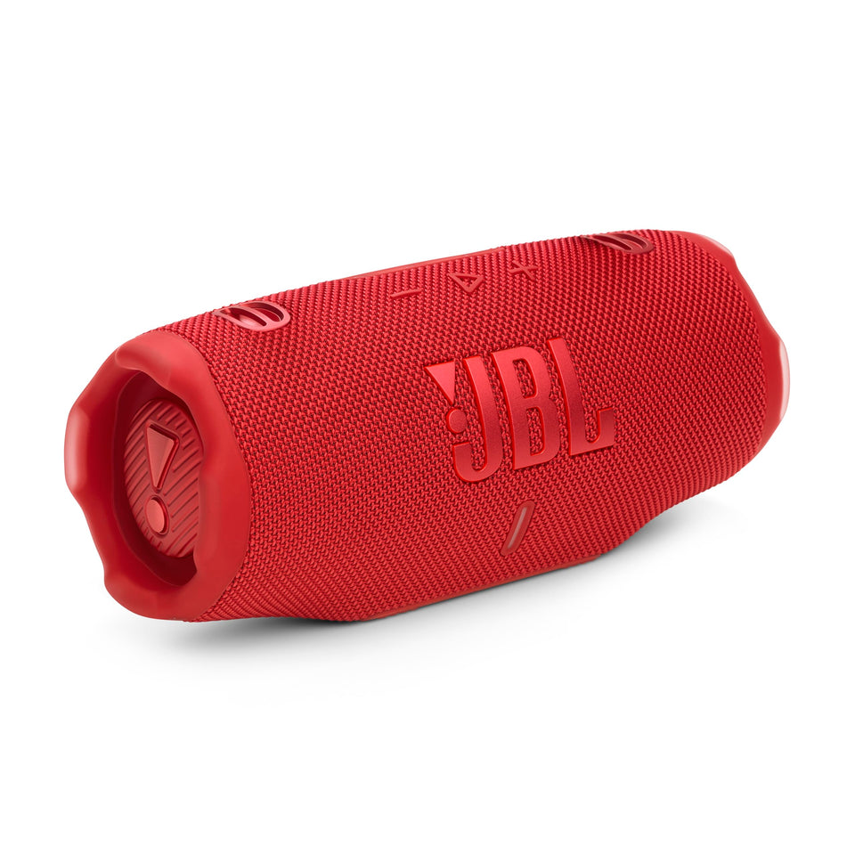 JBL Charge 6 front view shows bold red design and rugged portability for outdoor listening