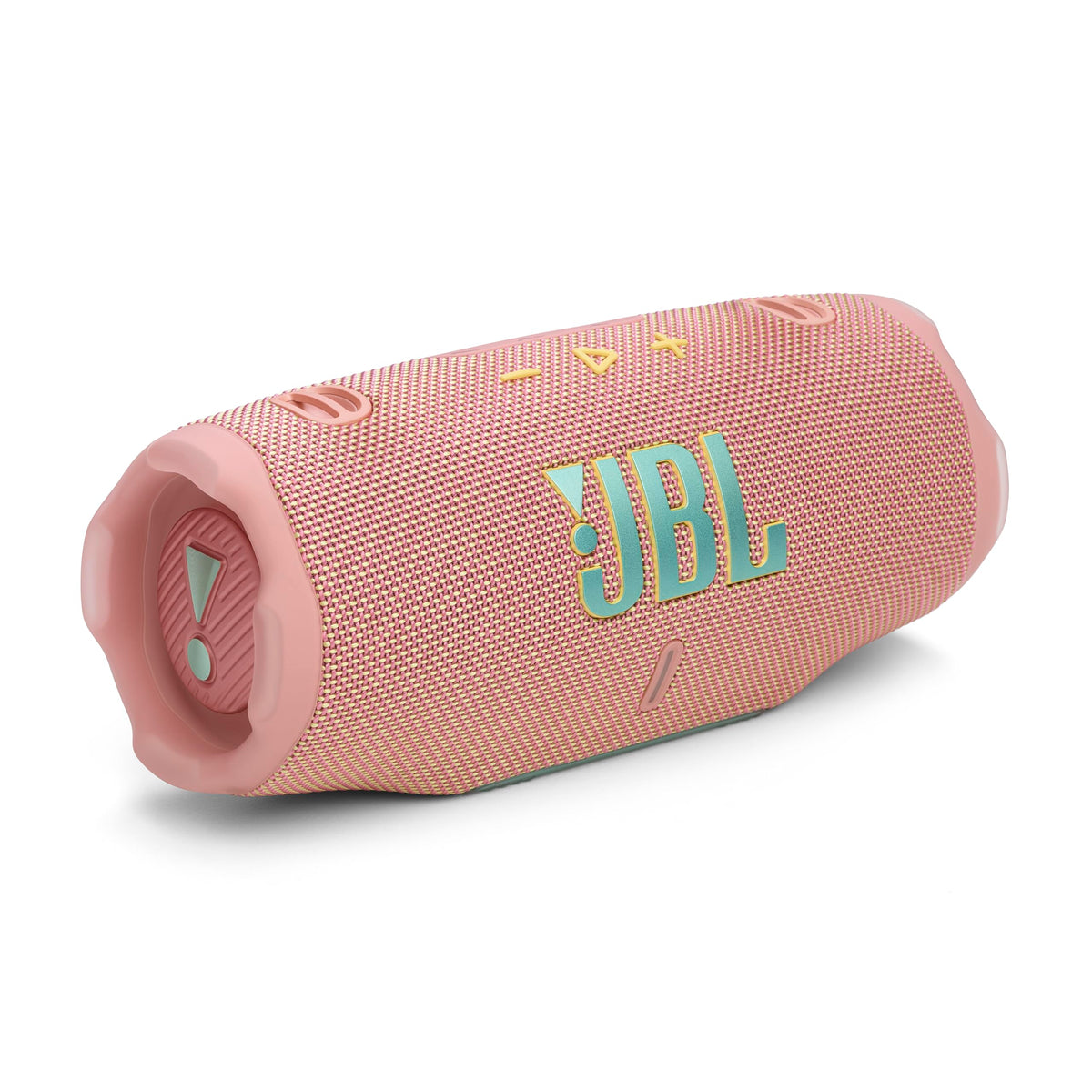 JBL Charge 6 pink aerial view showing portable speaker and bold sound