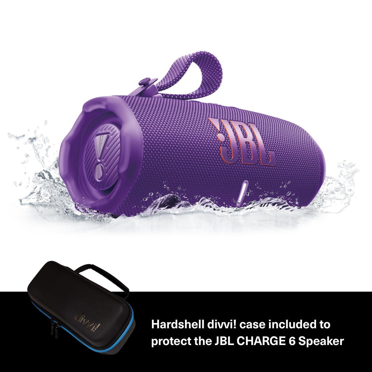 JBL Charge 6 purple controls close-up highlights intuitive playback access.